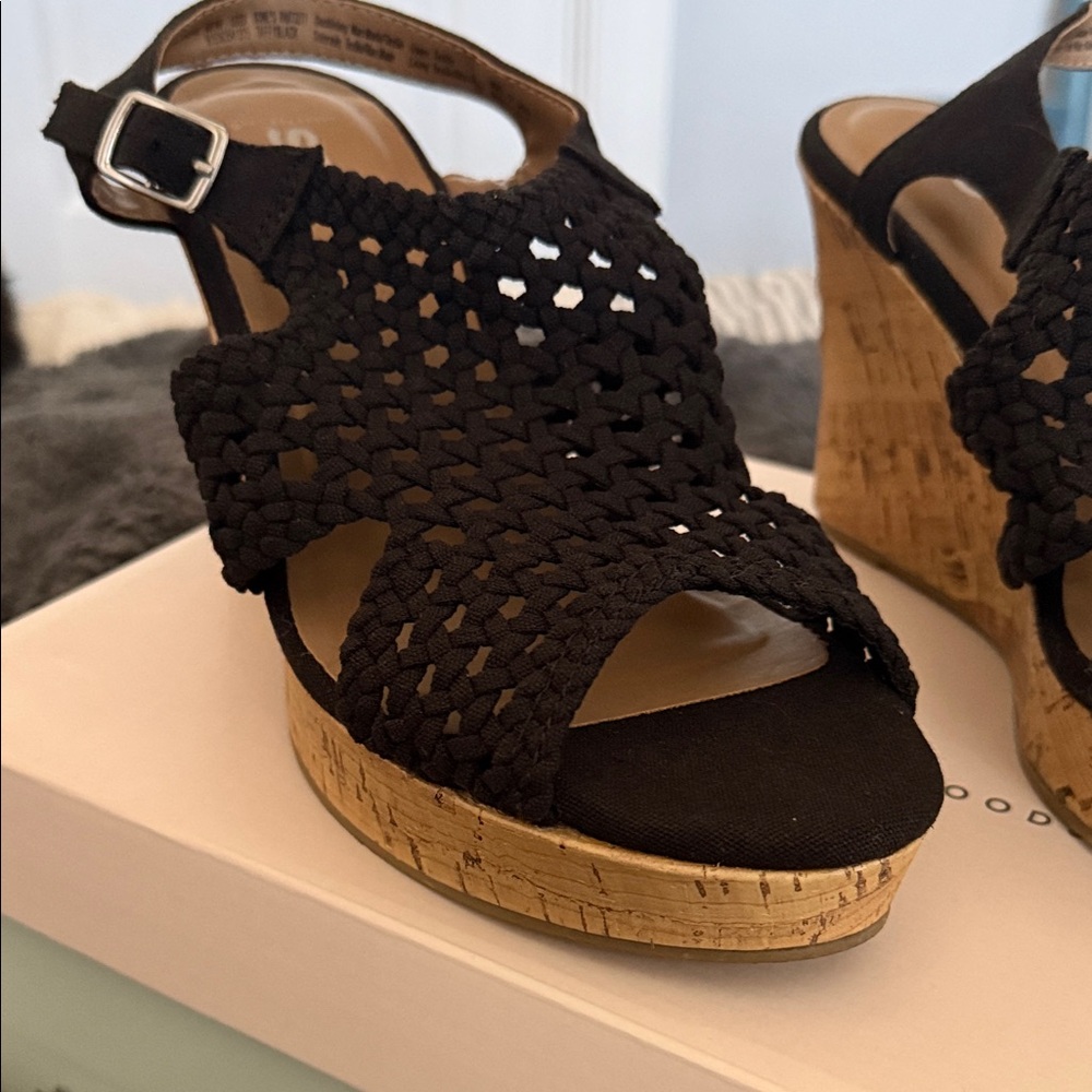 SO Black Woven Sandals with Cork Wedge